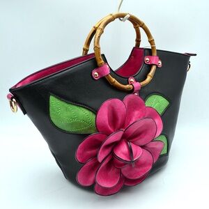 Black Crossbody Tote Bag with Pink Flower Accent